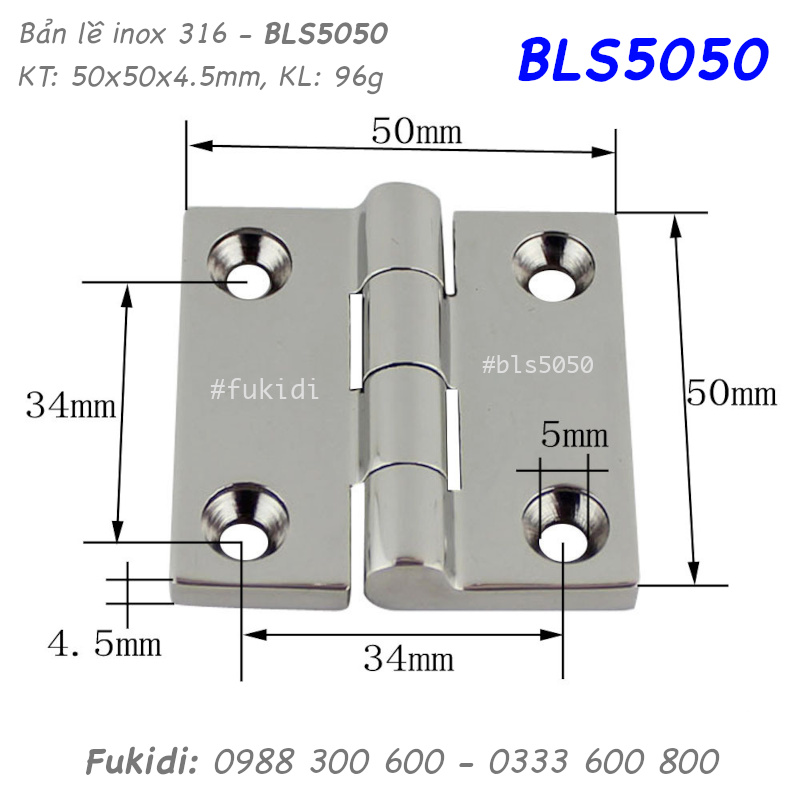 Bản lề tủ điện inox 316 KT: 50x50, dày 4.5mm - BLS5050