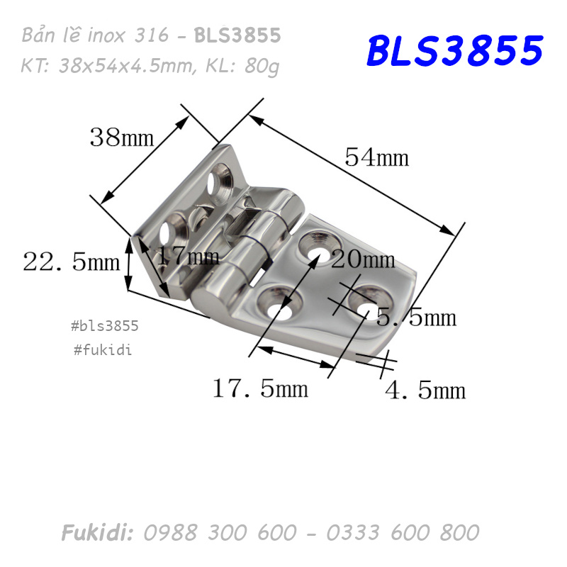 Bản lề tủ điện inox 316 KT 38x54, dày 4.5mm - BLS3855