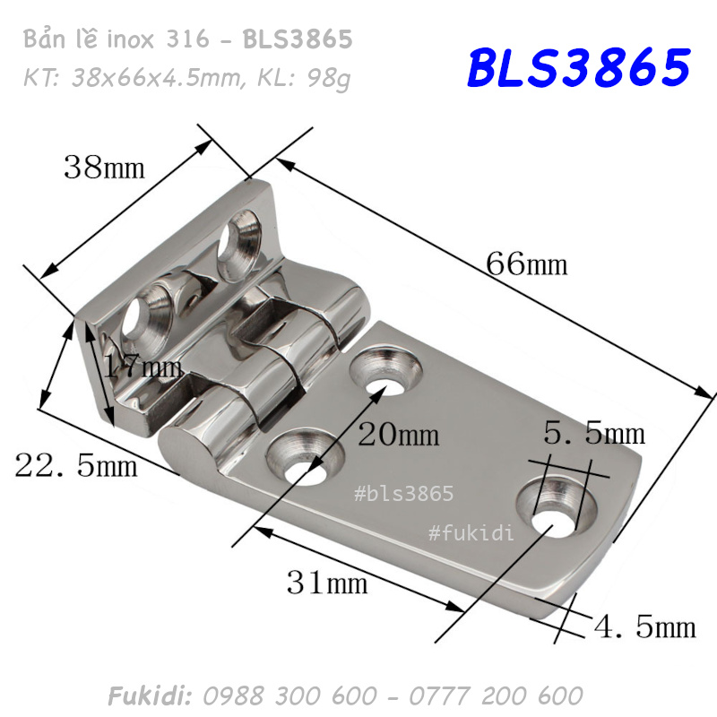 Bản lề tủ điện inox 316 KT 38x66, dày 4.5mm - BLS3865