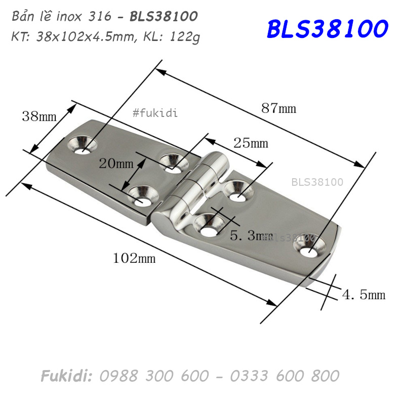 Bản lề tủ điện inox 316 KT 38x102, dày 4.5mm - BLS38100