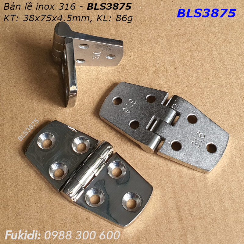 Bản lề inox 316 KT 38x76, dày 4.5mm - BLS3875