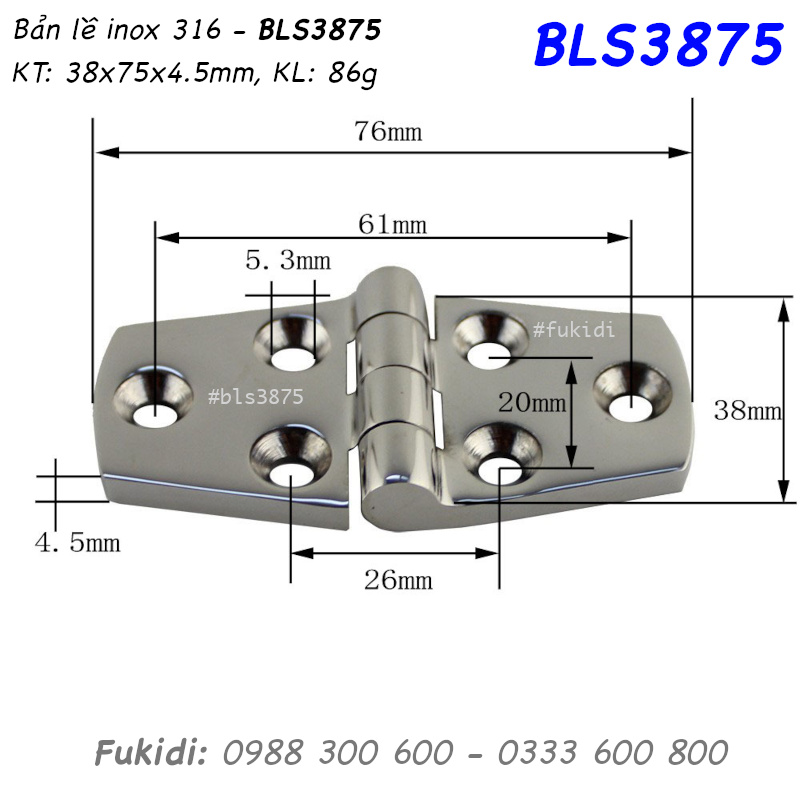 Bản lề inox 316 KT 38x76, dày 4.5mm - BLS3875