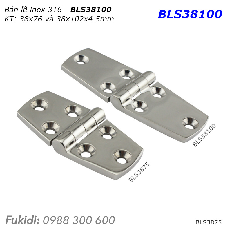 Bản lề inox 316 KT 38x76, dày 4.5mm - BLS3875