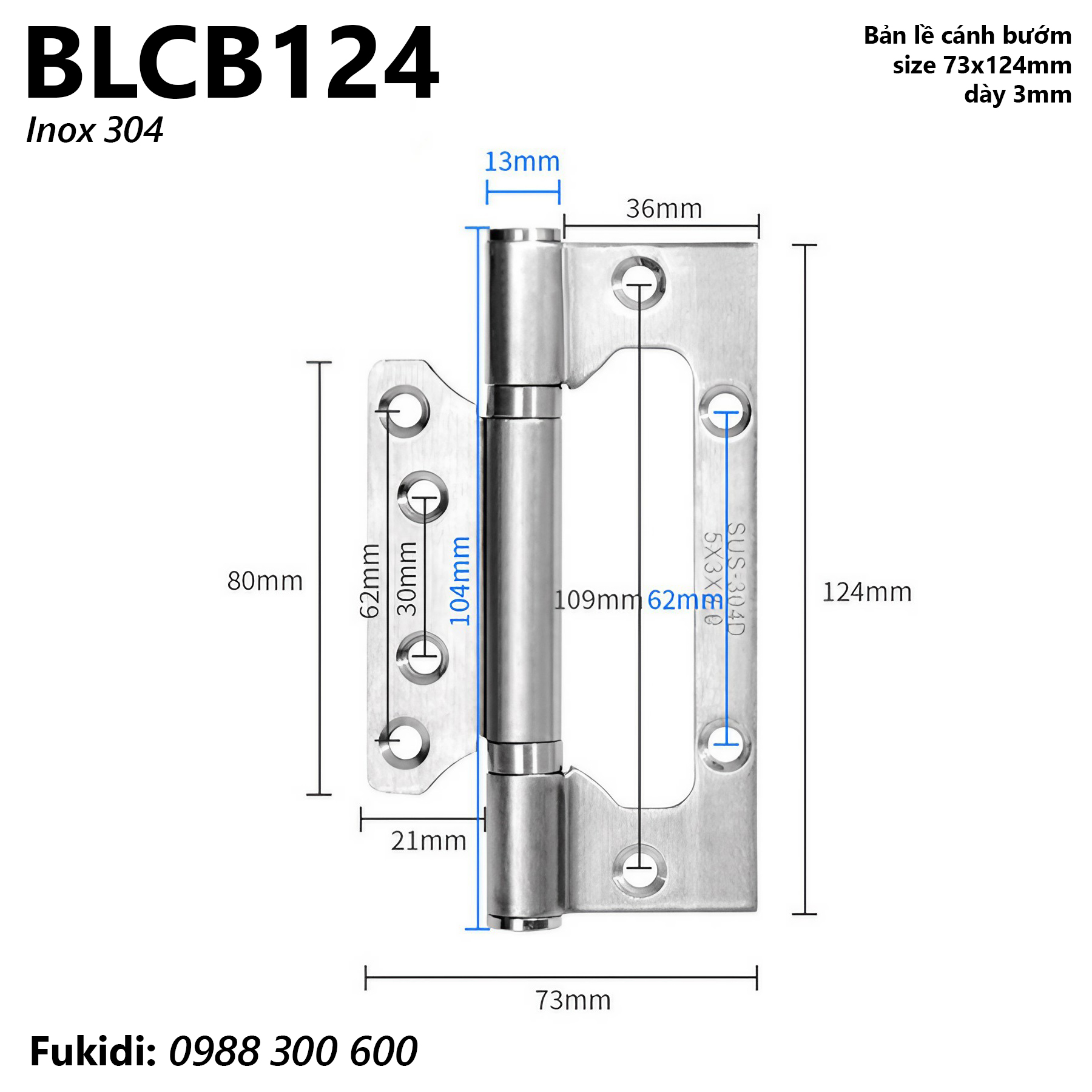 Bản lề cánh bướm inox 304, size 73x124mm, dày 3mm - BLCB124