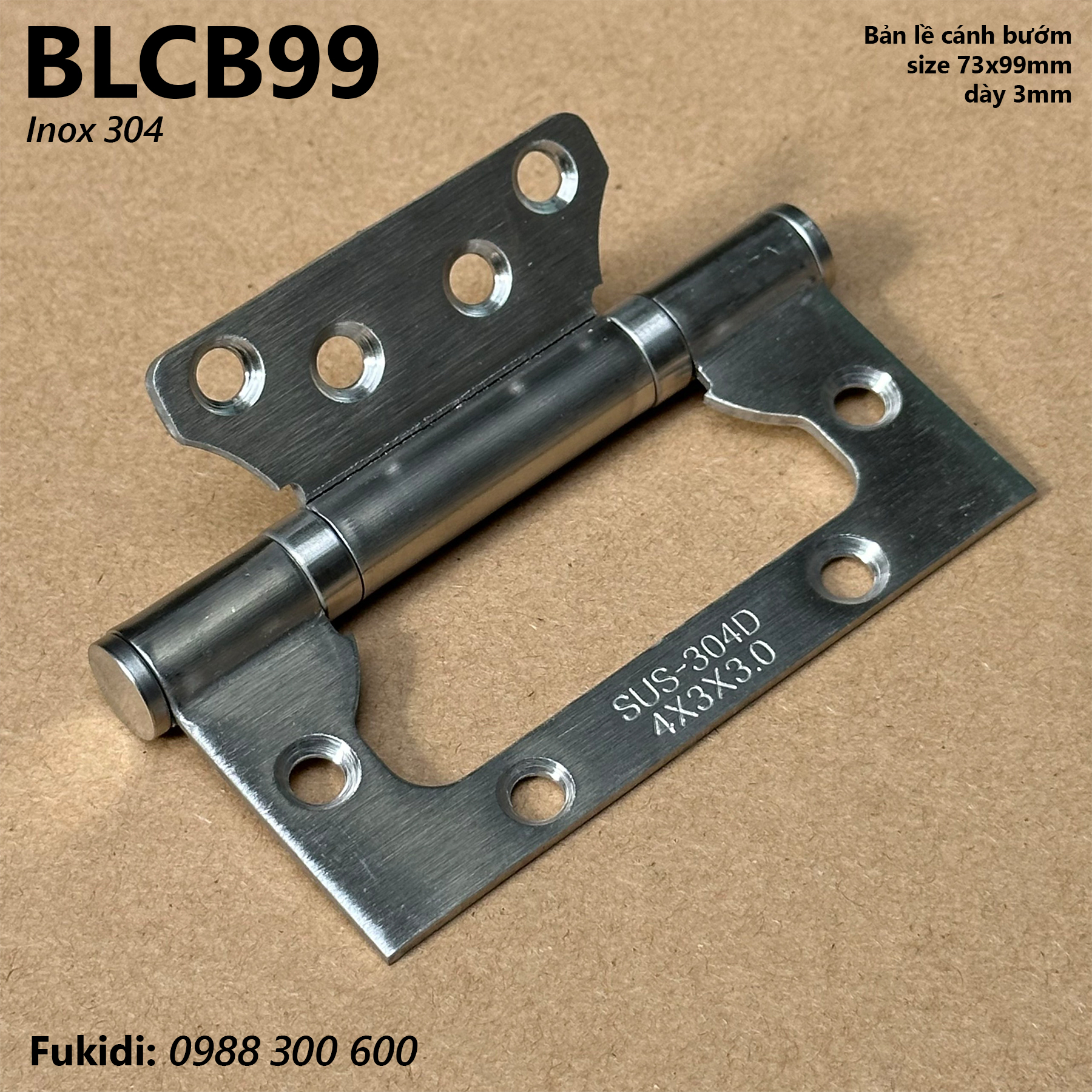 Bản lề cánh bướm inox 304, size 73x99mm, dày 3mm - BLCB99