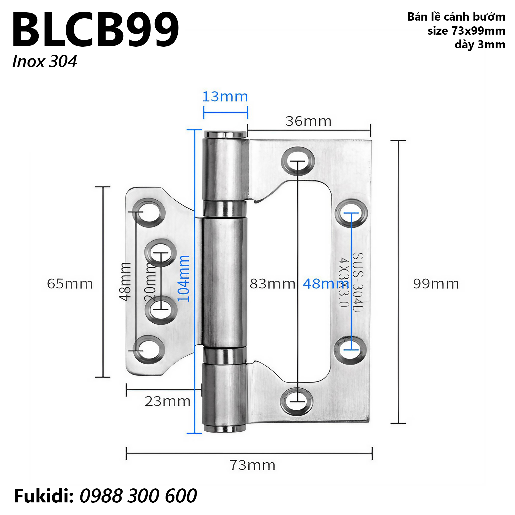 Bản lề cánh bướm inox 304, size 73x99mm, dày 3mm - BLCB99