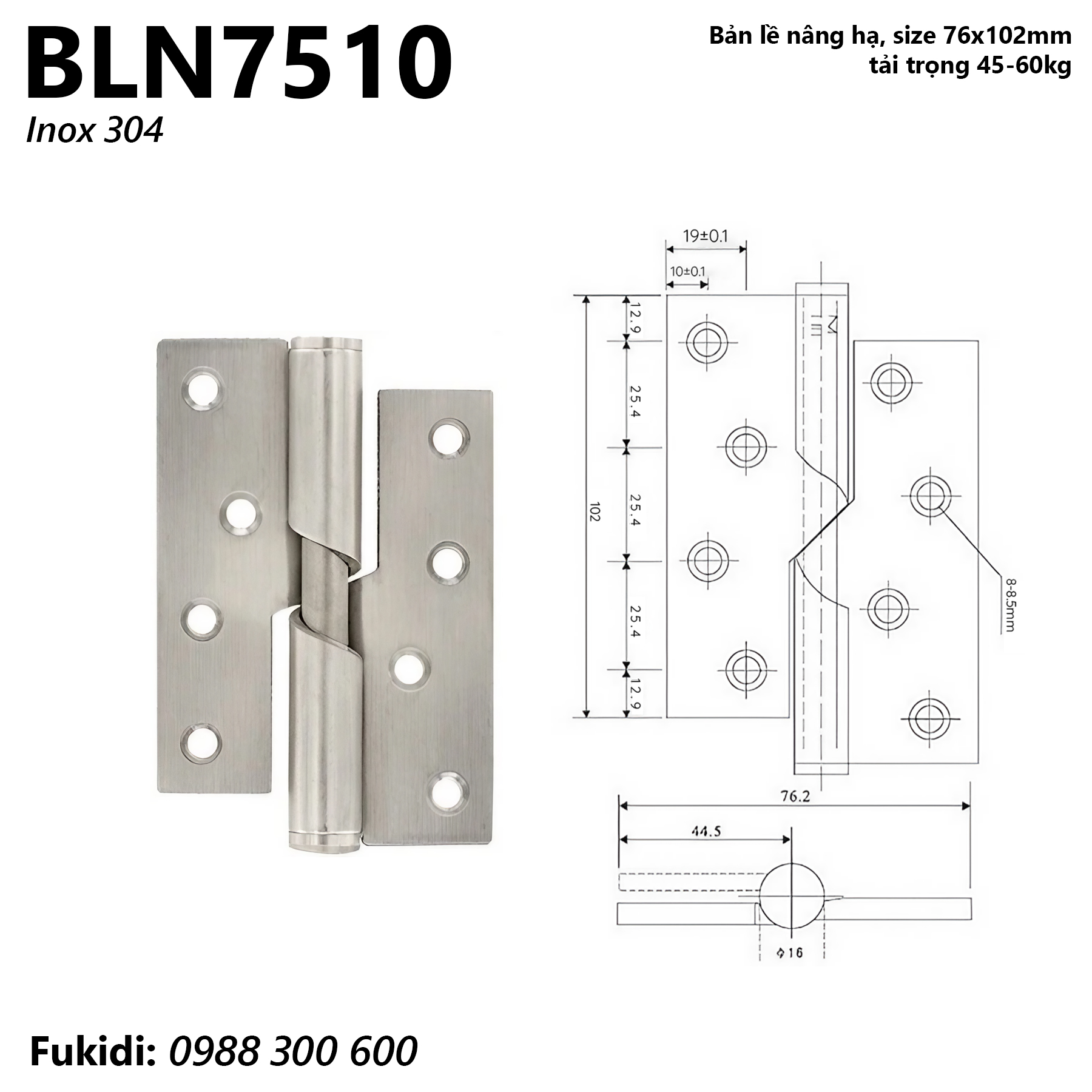 Bản lề nâng hạ, size 76x102mm tải trọng 45-60kg - BLN7510