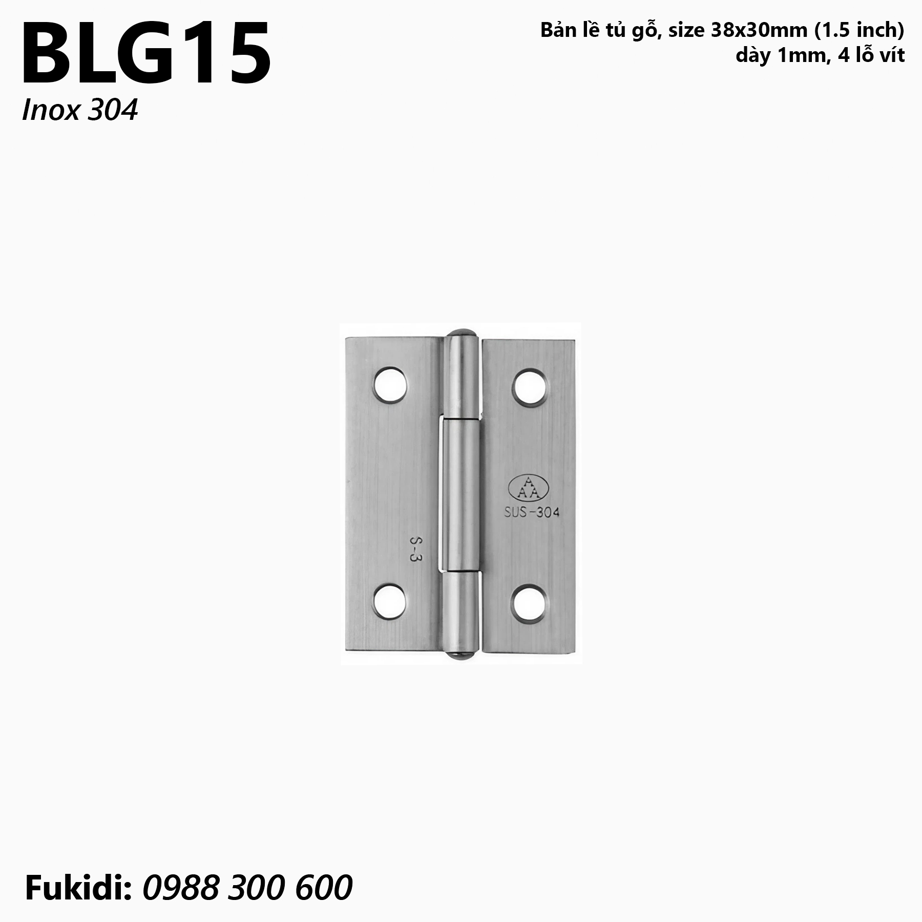 Bản lề tủ gỗ inox 304, kích thước 38x30.5mm, dày 1.0mm - BLG15