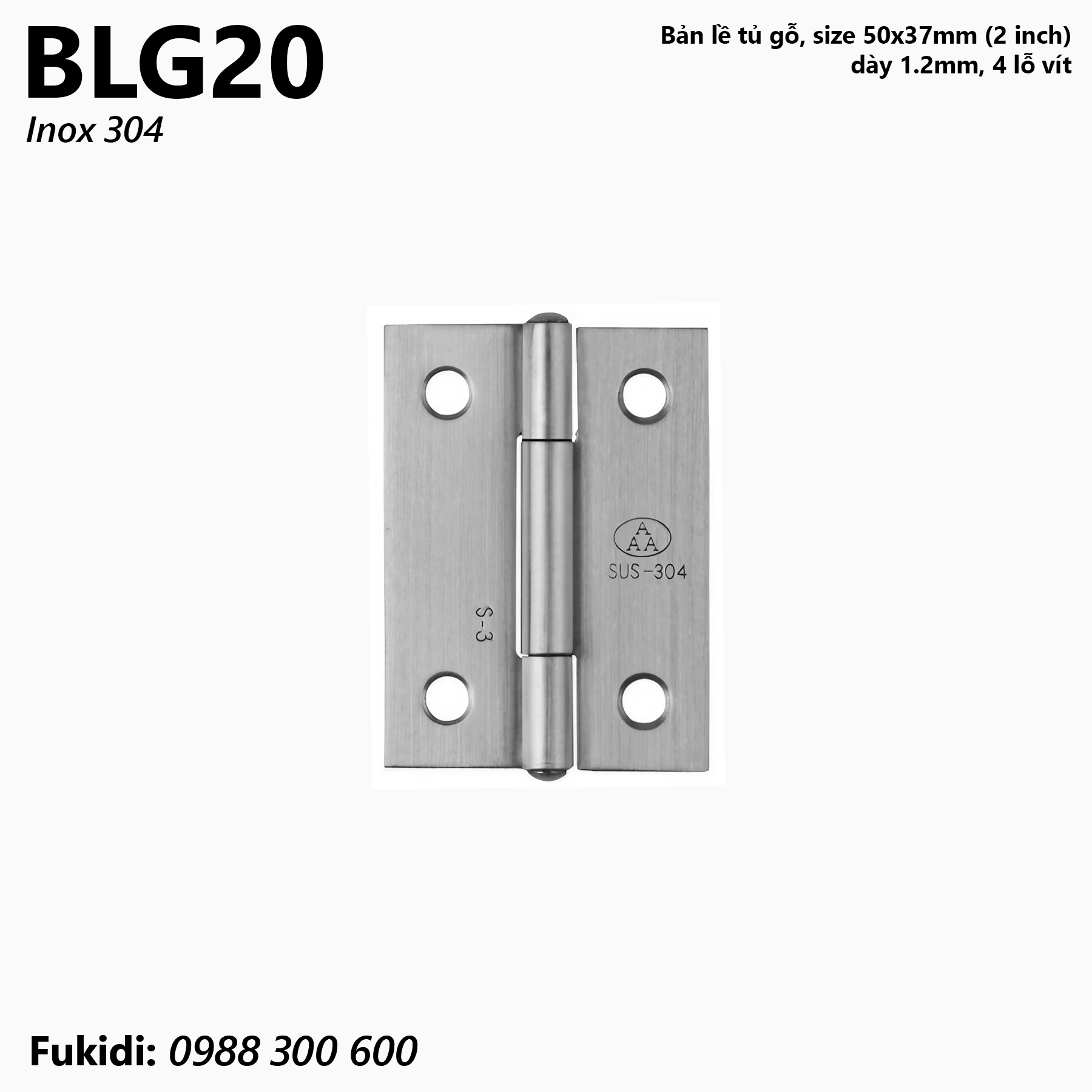 Bản lề tủ gỗ inox 304, kích thước 50x37mm, dày 1.2mm - BLG20