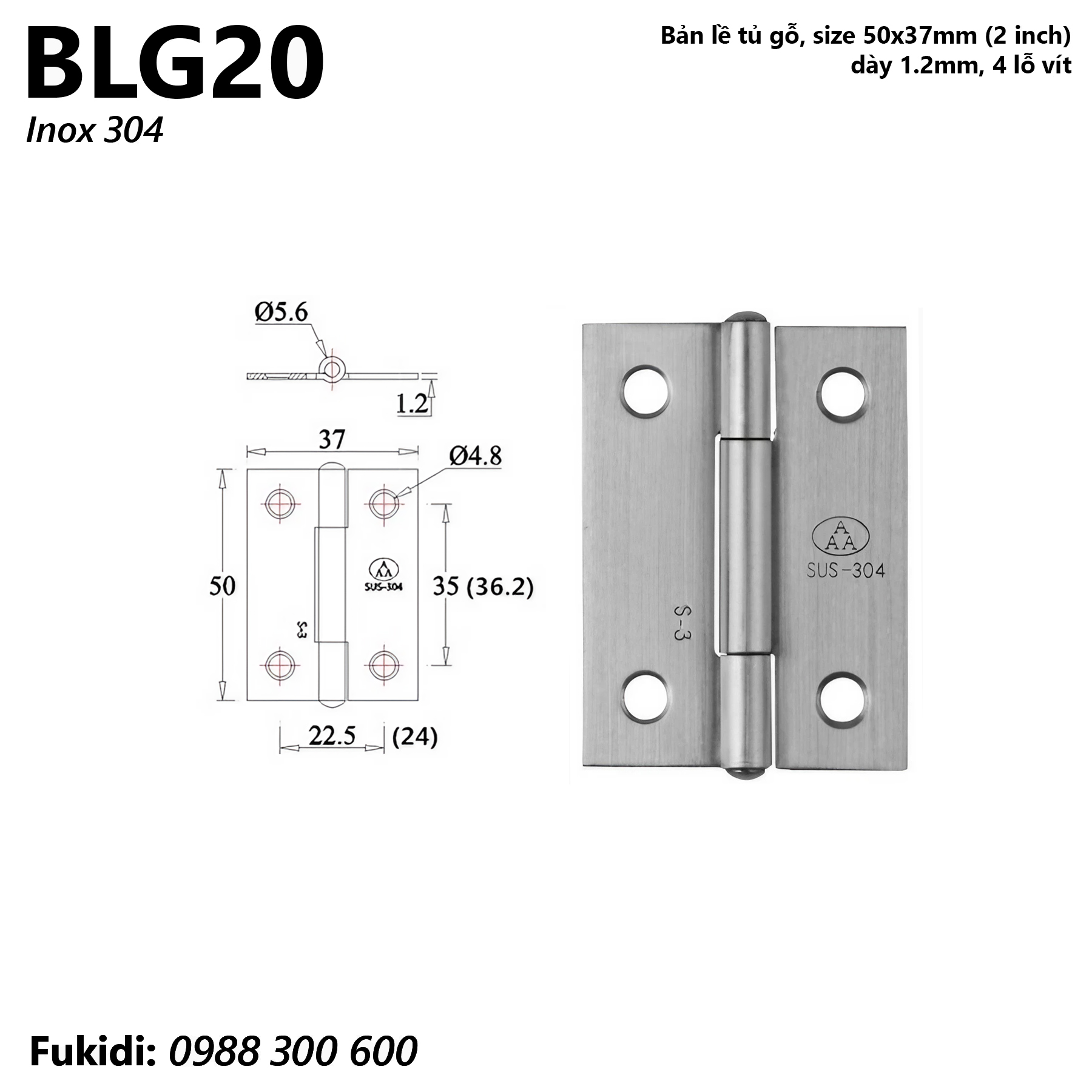 Bản lề tủ gỗ inox 304, kích thước 50x37mm, dày 1.2mm - BLG20