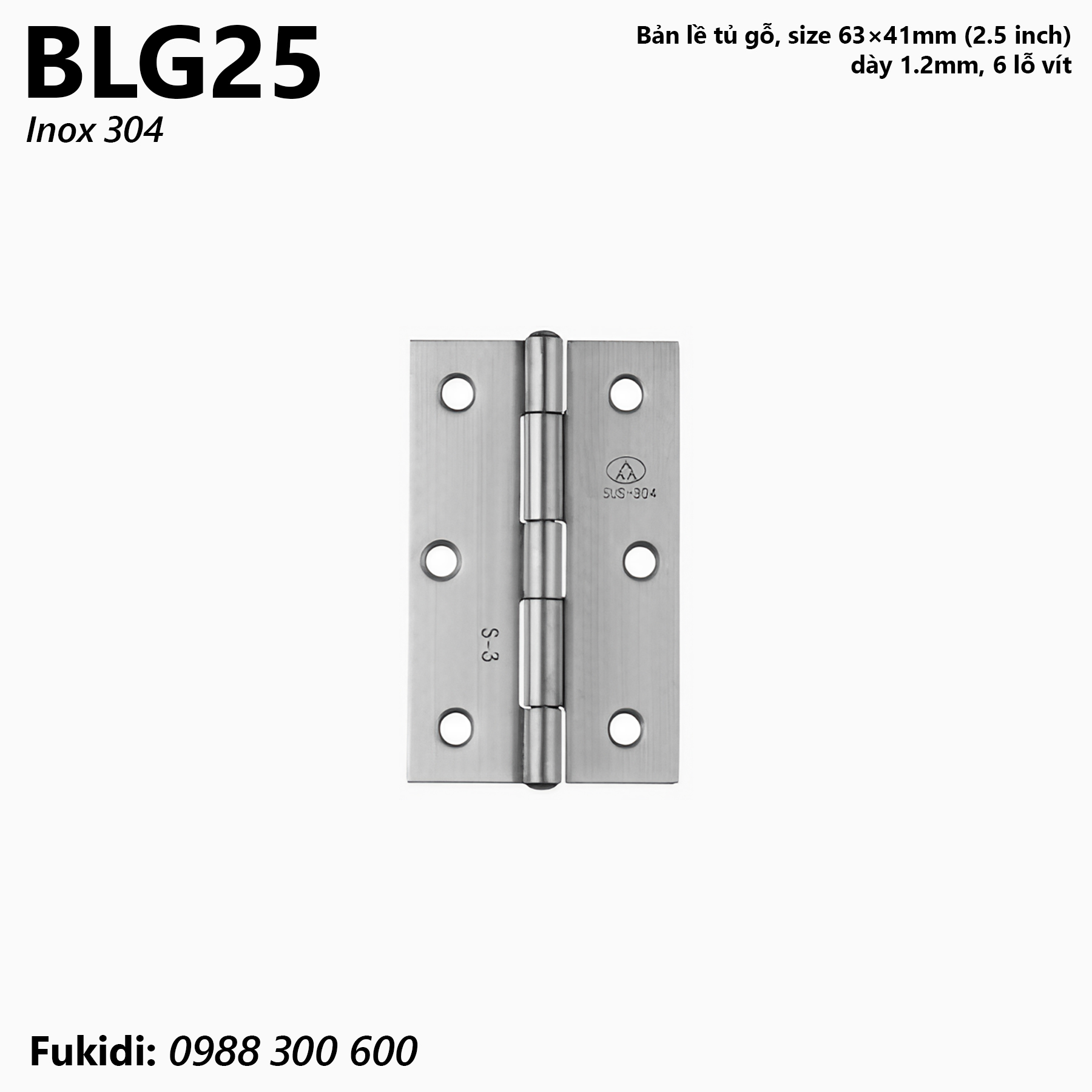 Bản lề tủ gỗ inox 304, kích thước 63x41mm, dày 1.2mm - BLG25