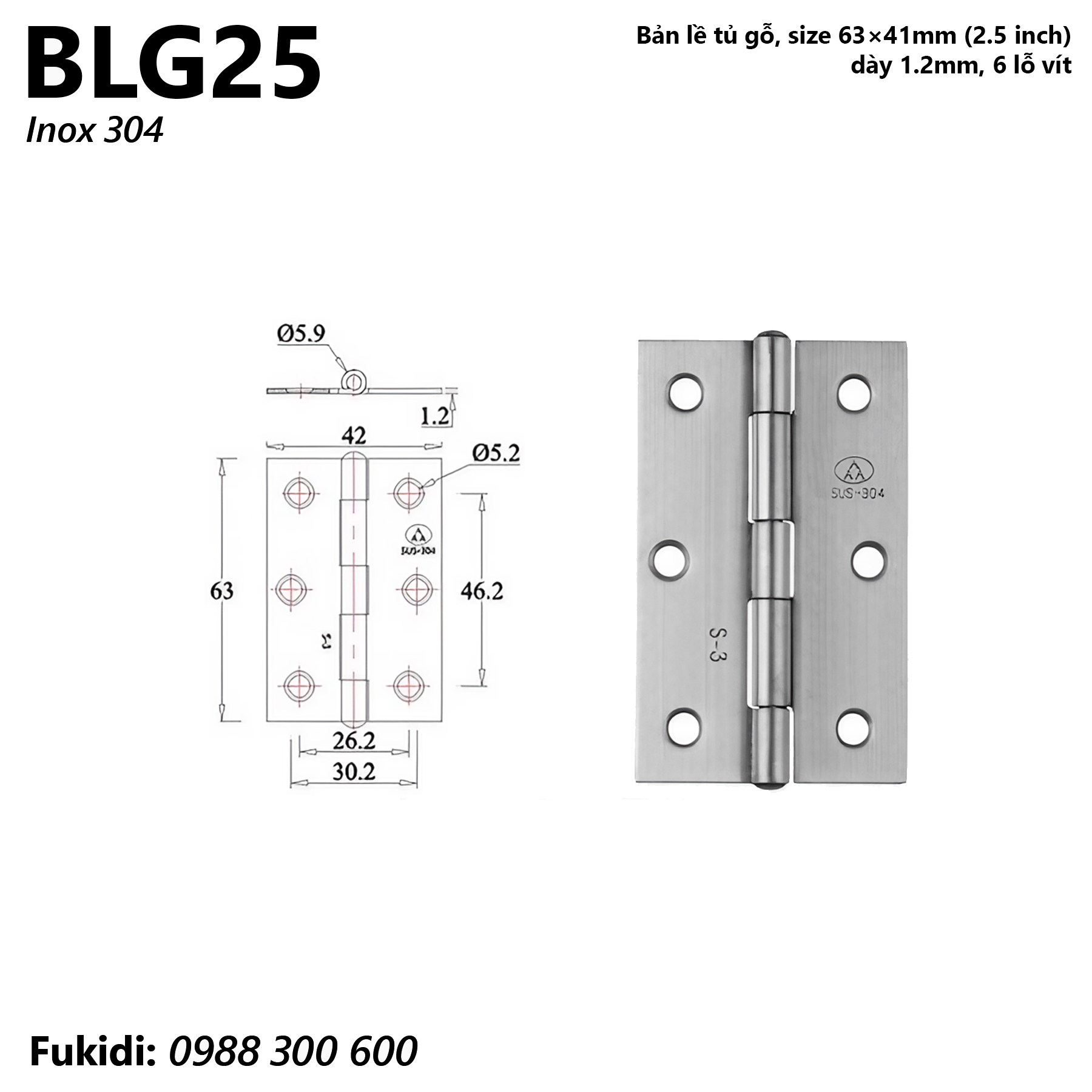 Bản lề tủ gỗ inox 304, kích thước 63x41mm, dày 1.2mm - BLG25