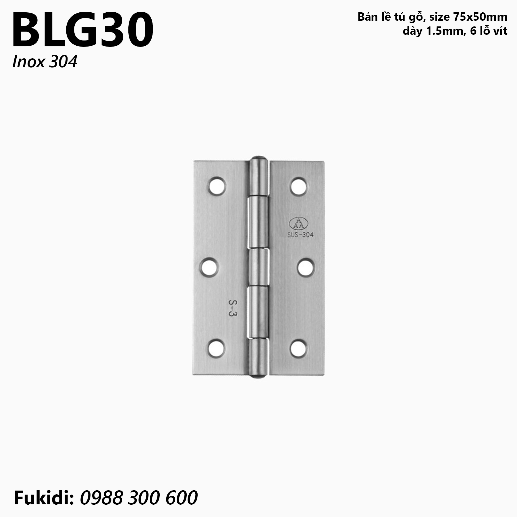 Bản lề tủ gỗ inox 304, kích thước 75x50mm, dày 1.5mm - BLG30