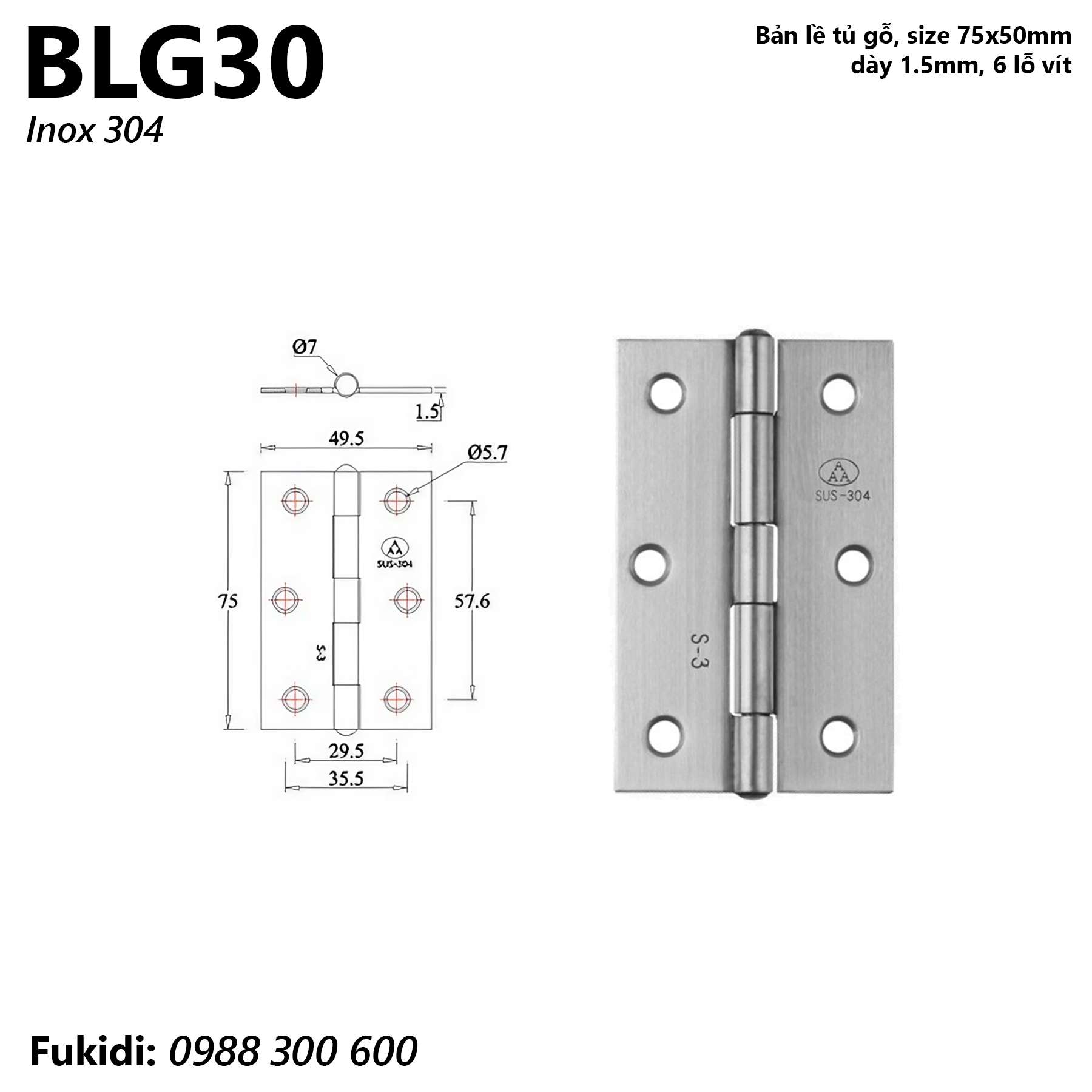 Bản lề tủ gỗ inox 304, kích thước 75x50mm, dày 1.5mm - BLG30