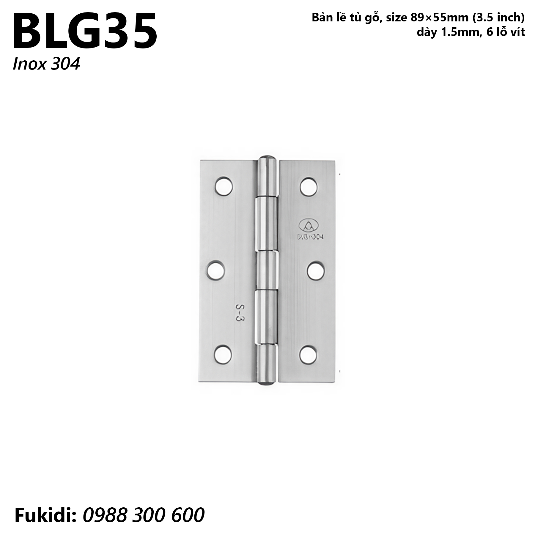 Bản lề tủ gỗ inox 304, kích thước 89x55mm, dày 1.5mm - BLG35