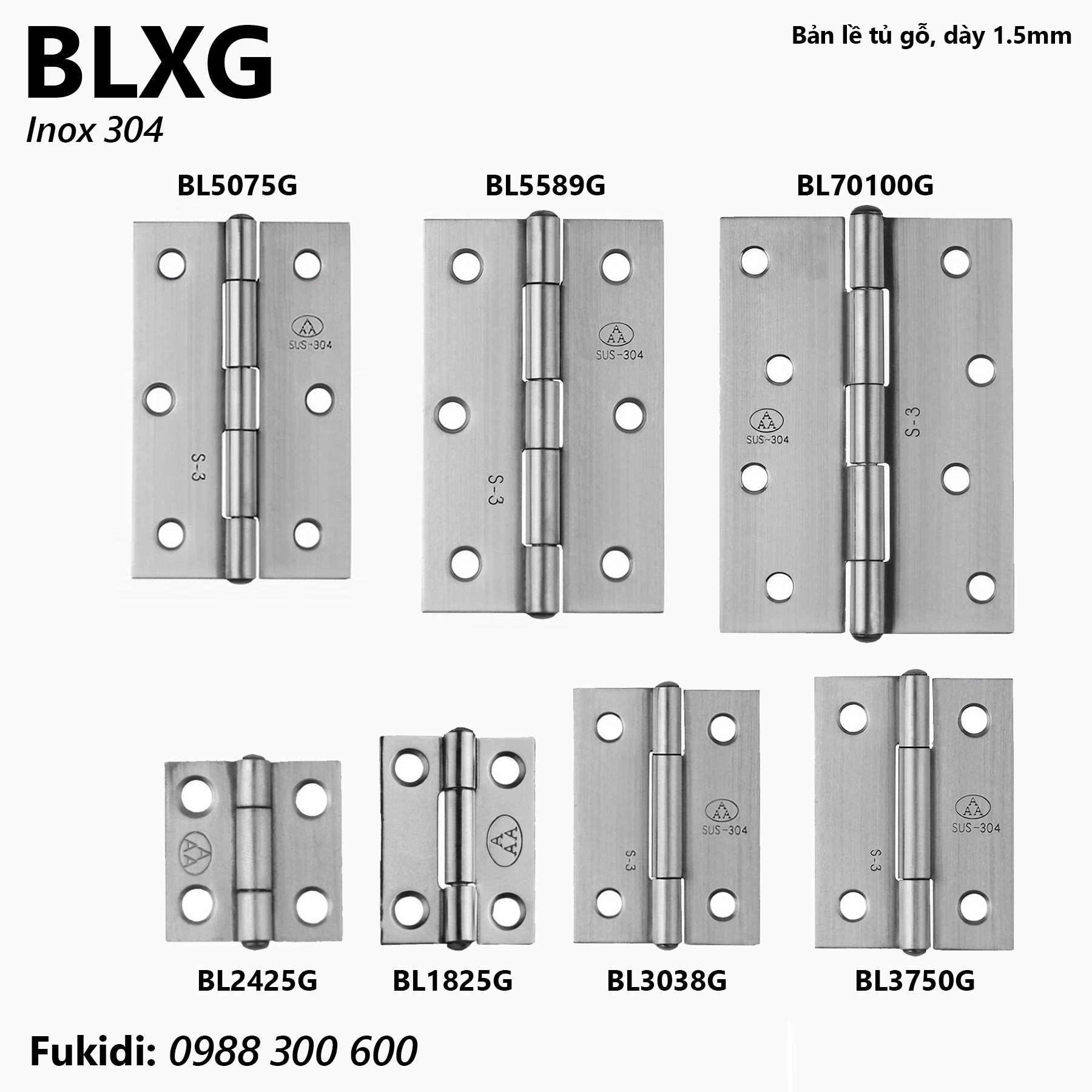 Bản lề tủ gỗ inox 304, kích thước 70x100mm, dày 1.5mm - BL70100G