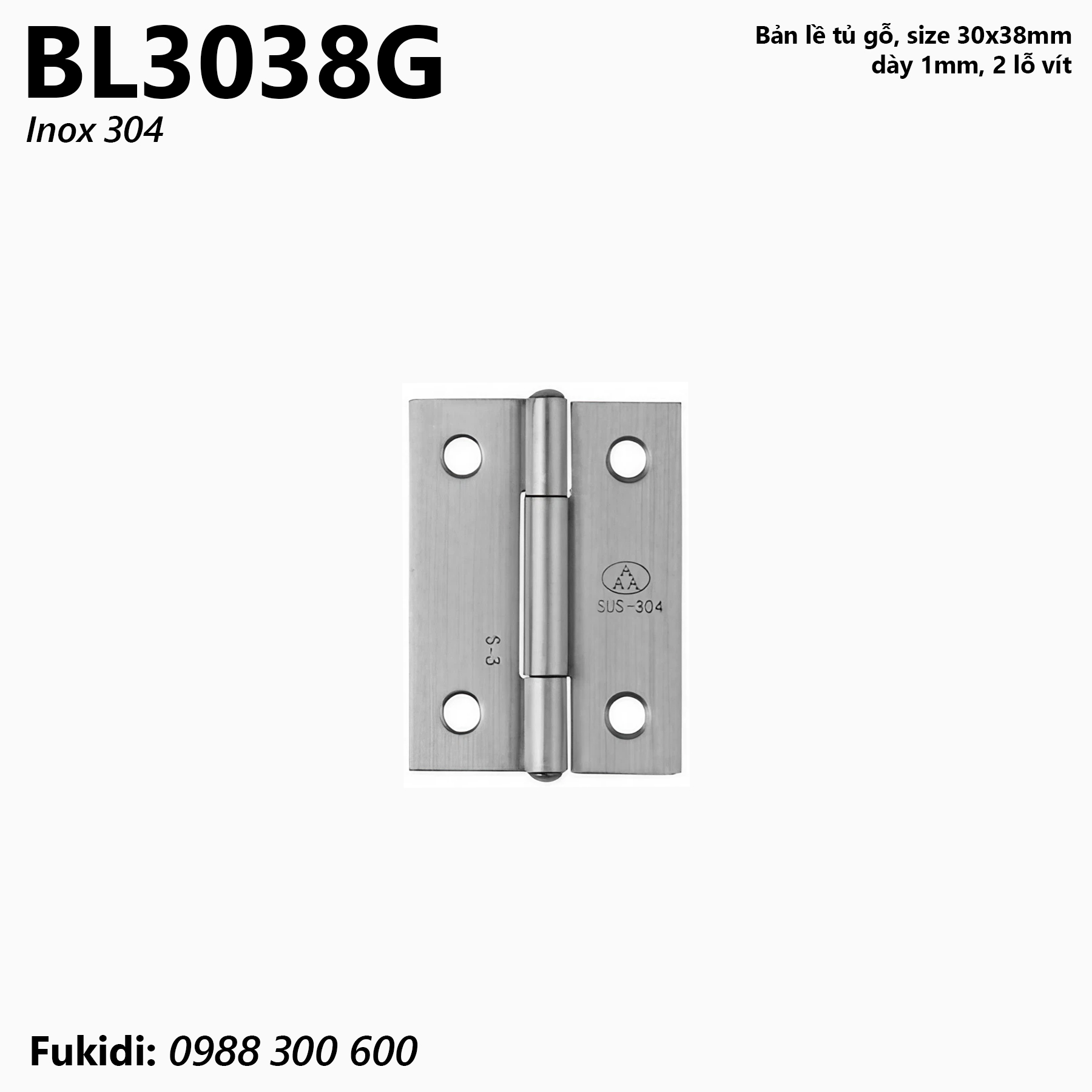 Bản lề tủ gỗ inox 304, kích thước 30x38mm, dày 1mm - BL3038G