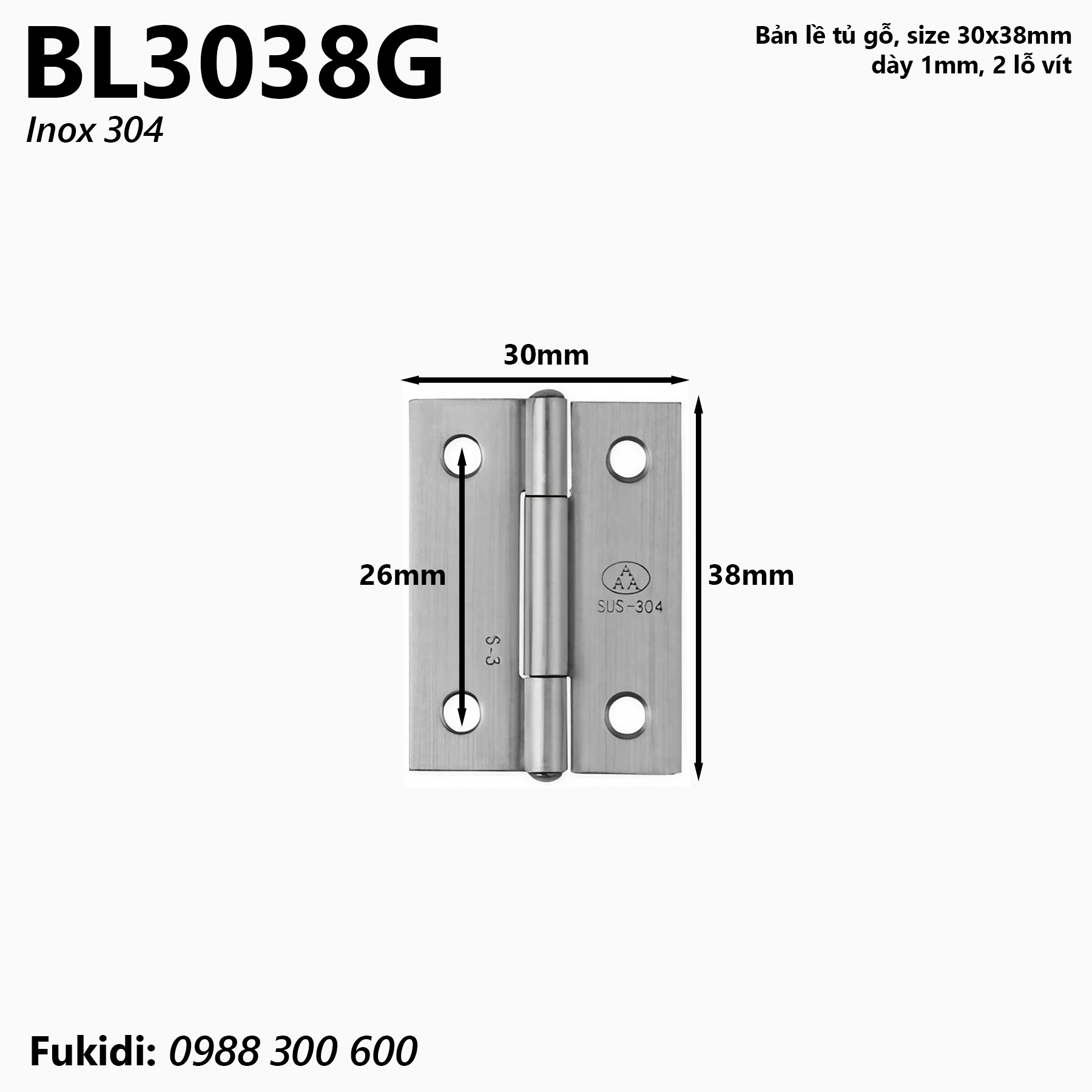 Bản lề tủ gỗ inox 304, kích thước 30x38mm, dày 1mm - BL3038G