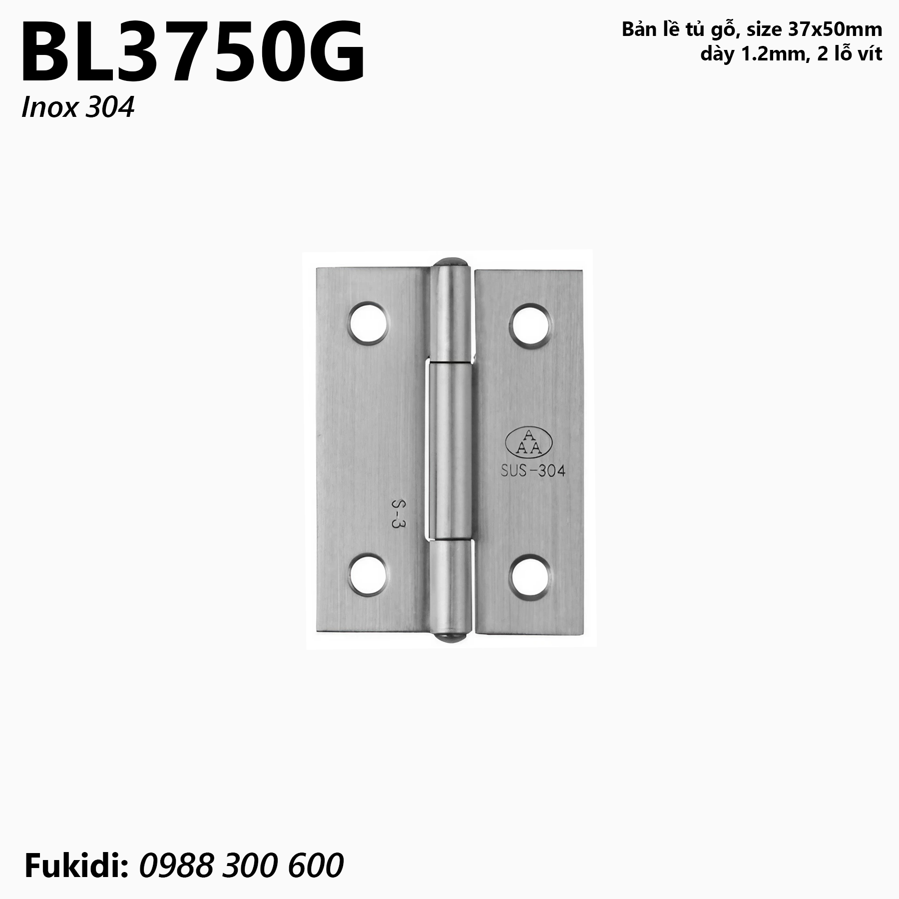 Bản lề tủ gỗ inox 304, kích thước 37x50mm, dày 1.2mm - BL3750G