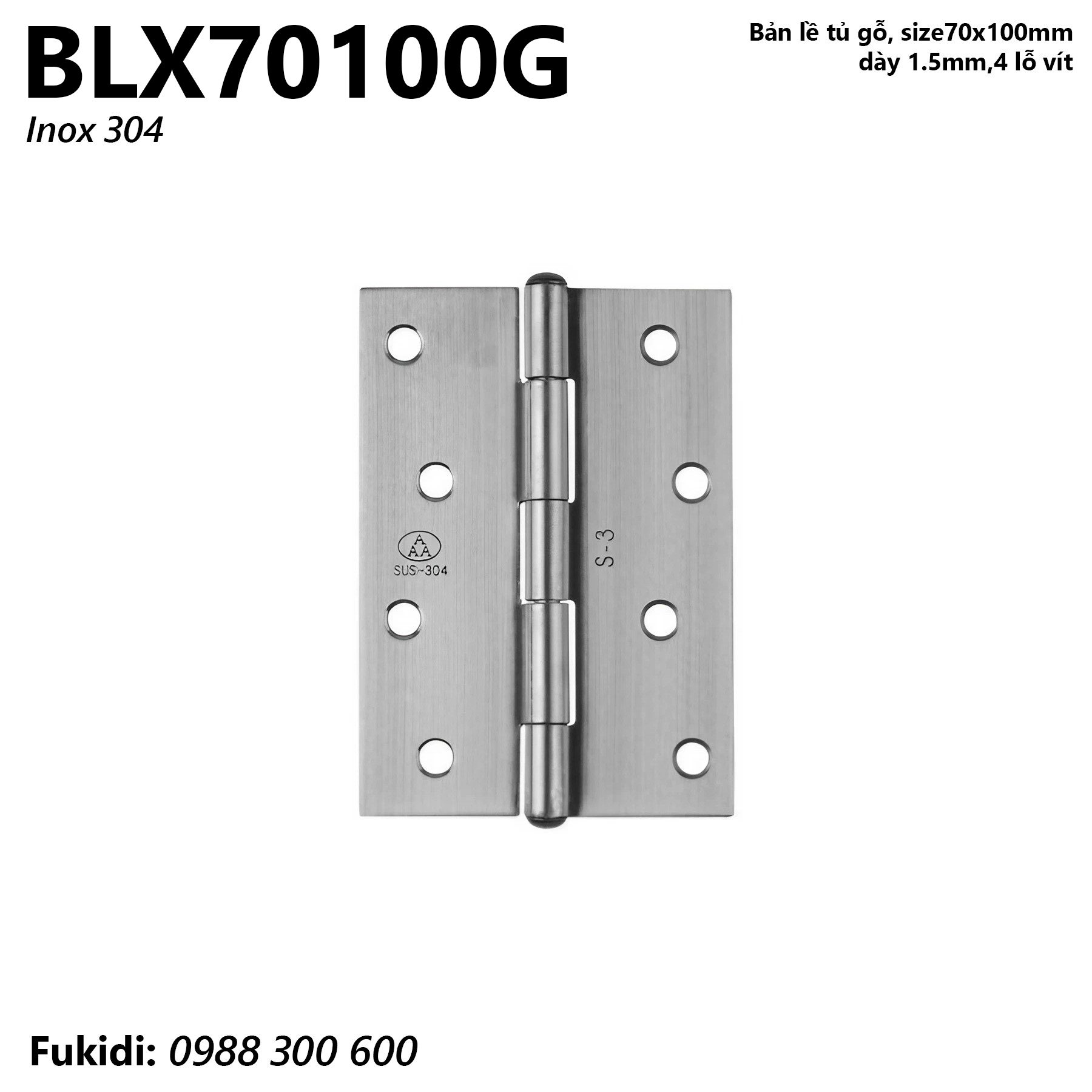 Bản lề tủ gỗ inox 304, kích thước 70x100mm, dày 1.5mm - BL70100G