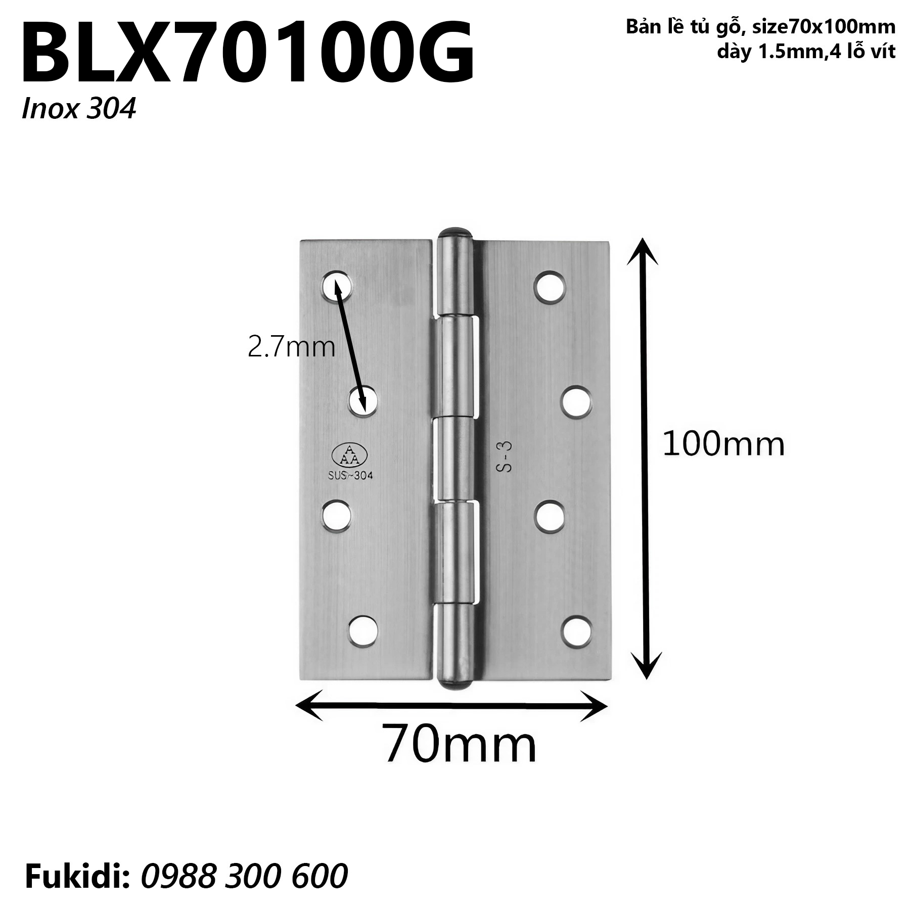 Bản lề tủ gỗ inox 304, kích thước 70x100mm, dày 1.5mm - BL70100G