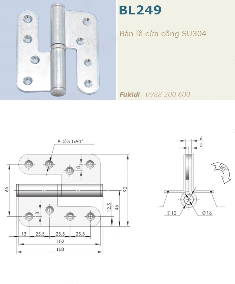 Chi tiết kích thước bản lề cửa cổng inox 304 BL249