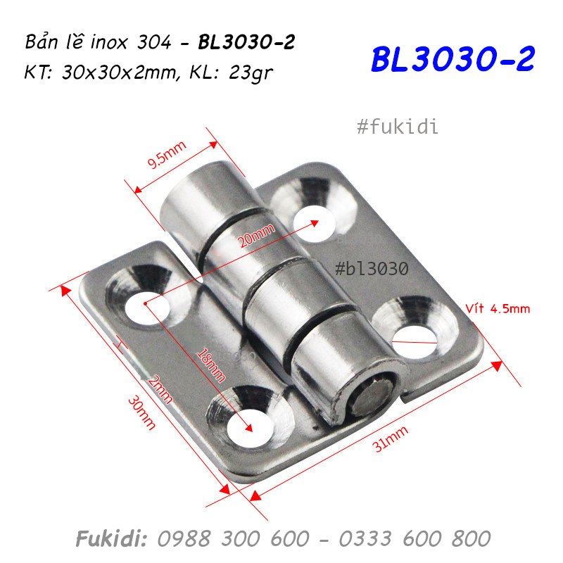 Bản lề lá inox 304 KT30x30, dày 2mm - BL3030