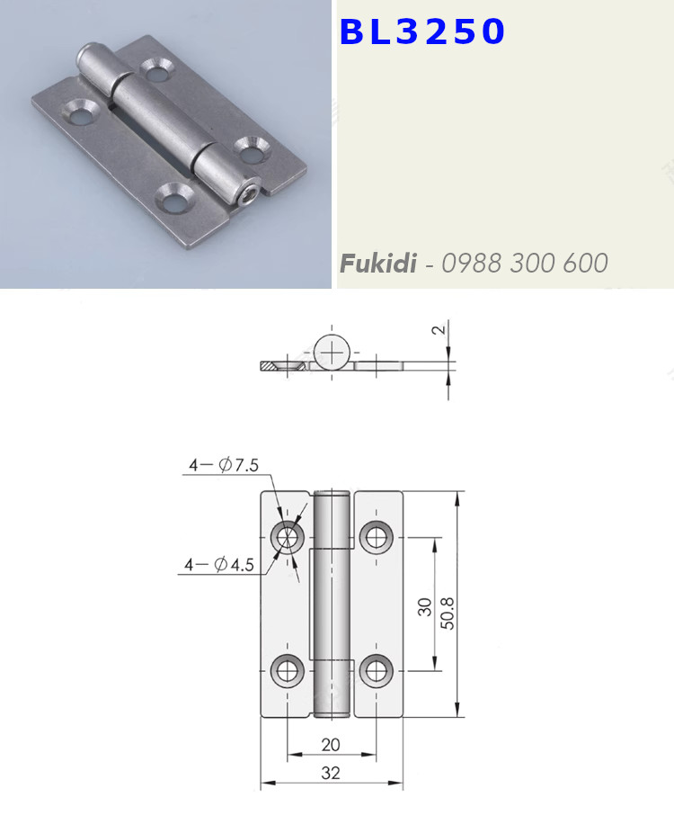 Bản lề lá inox 304 KT 32x50, dày 2mm - BL3250