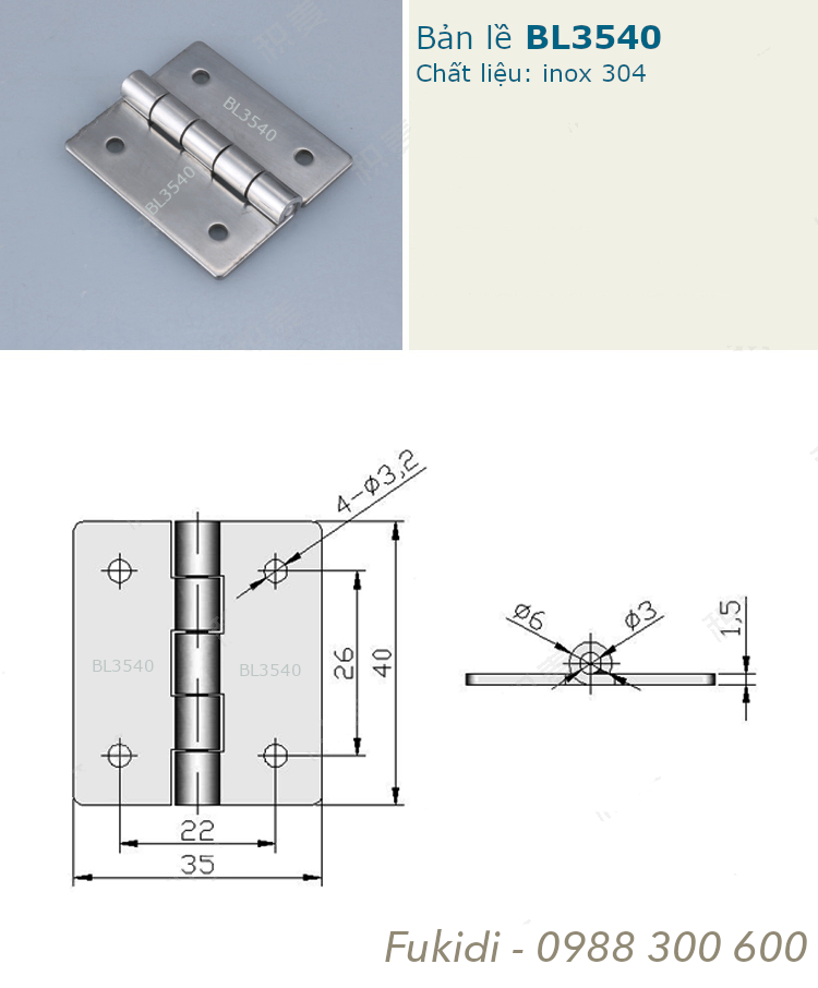 Bản lề lá inox 304 KT 35x40, dày 1.5mm - BL3540