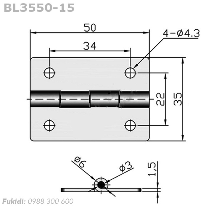 Bản lề lá inox 304, KT 35x50 dày 1.5mm - BL3550-15