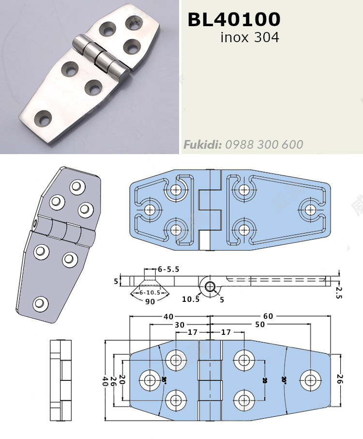 Bản lề inox 304 kích thước 40x100mm dày 5.5mm - BL40100