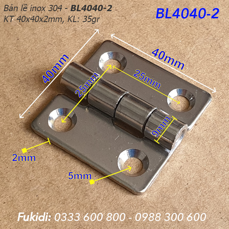Bản lề tủ điện inox 304, KT 40x40x2mm, không lỗ vít - BL4040-2V