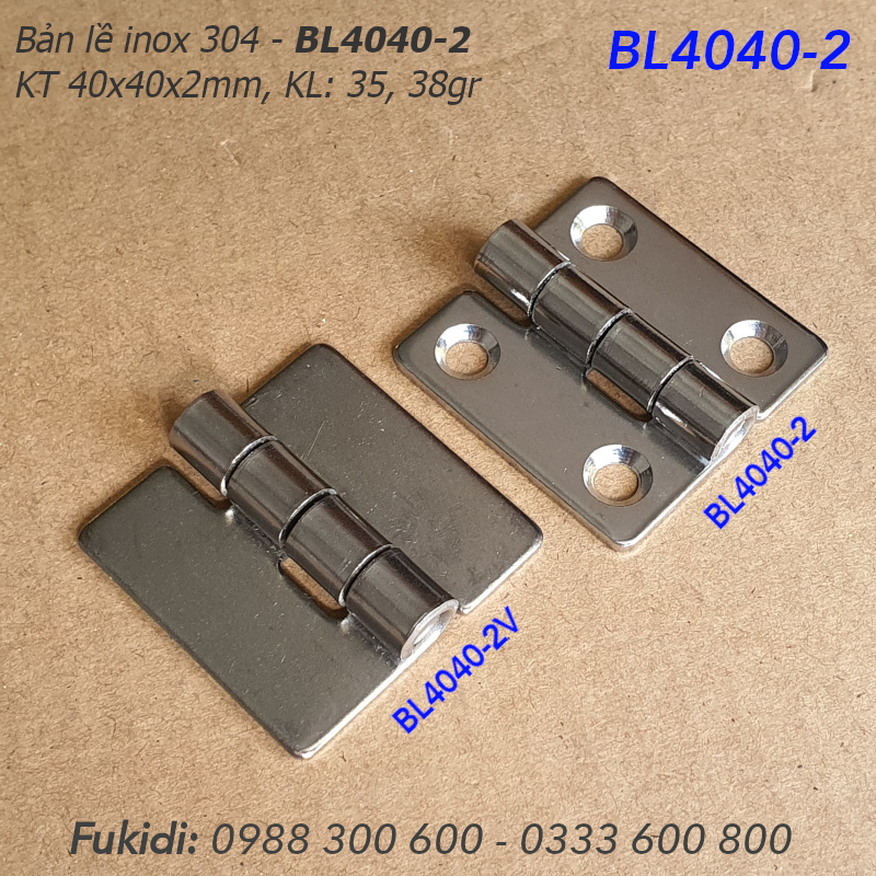 Bản lề tủ điện inox 304, KT 40x40x2mm, không lỗ vít - BL4040-2V