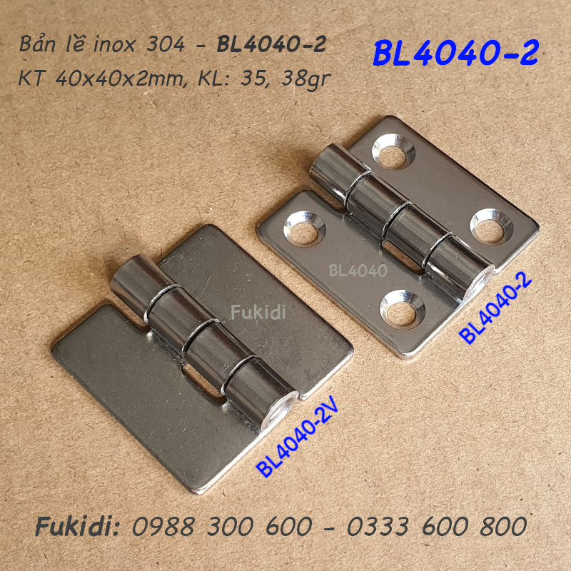 Bản lề tủ điện inox 304, KT 40x40x2mm, không lỗ vít - BL4040-2V
