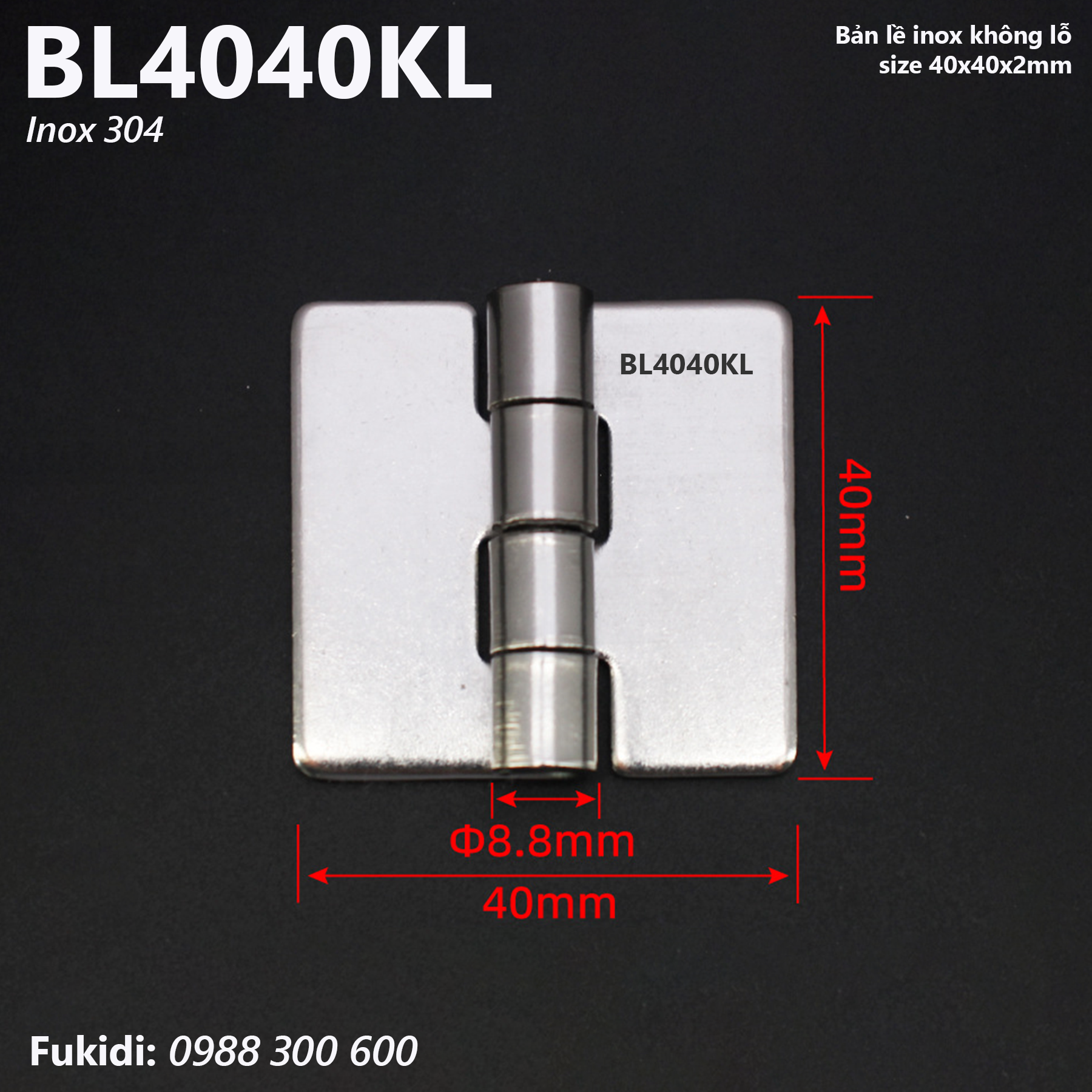 Bản lề lá inox 304 size 40x40, dày 2mm, không lỗ - BL4040KL