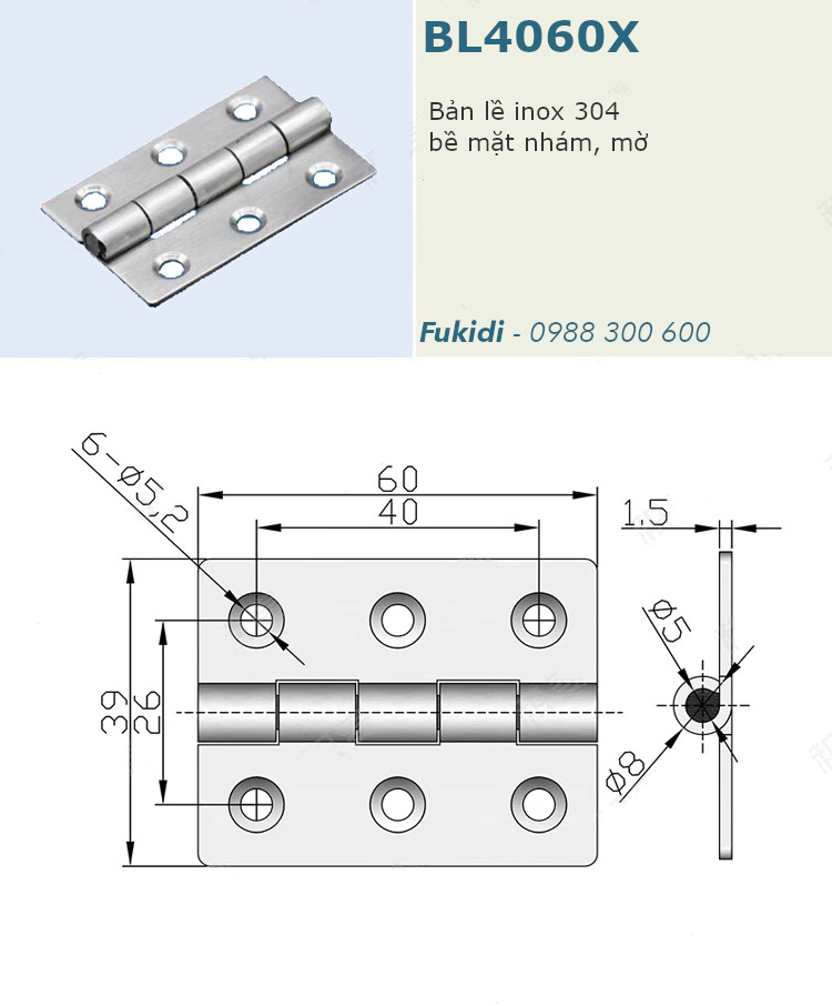 Bản lề lá inox 304 KT 40x60, dày 1.5mm, bề mặt nhám mờ - BL4060X