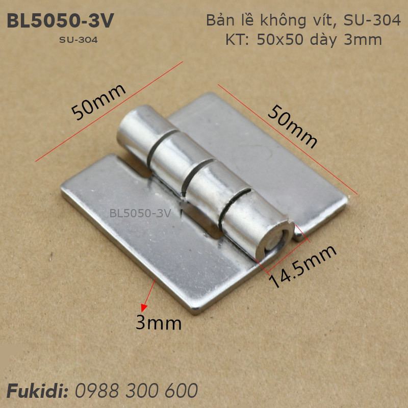 Bản lề SU304, loại không vít KT 50x50 dày 3mm - BL5050-3V