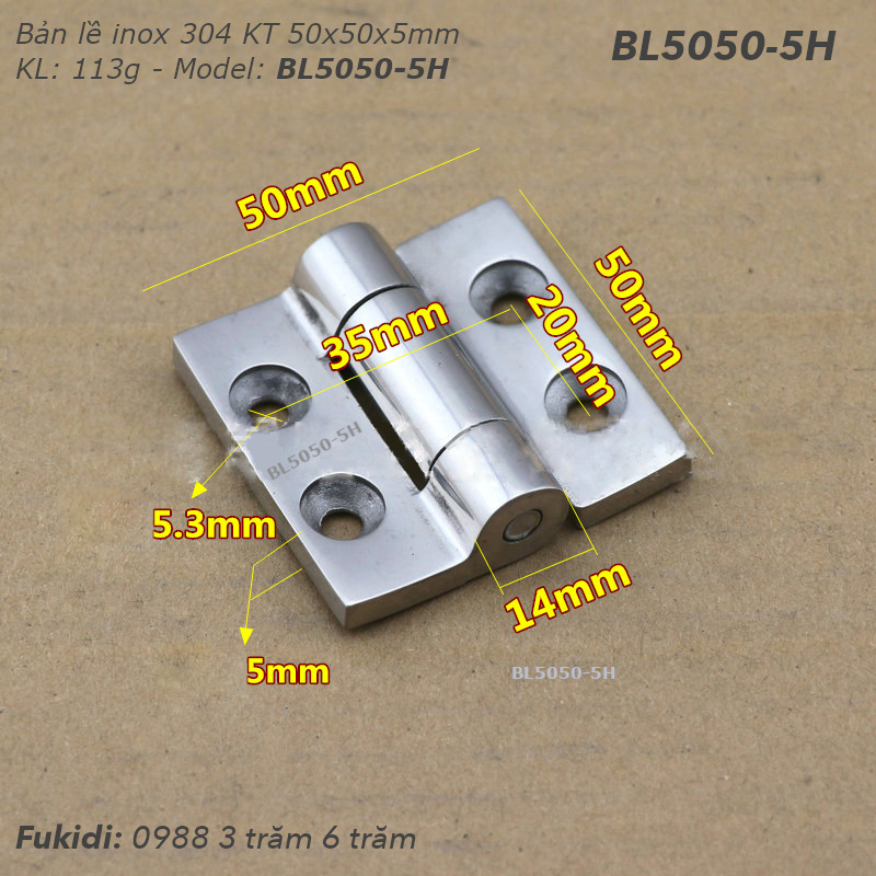 Bản lề tủ điện inox 304, KT 50x50x5mm - BL5050-5H