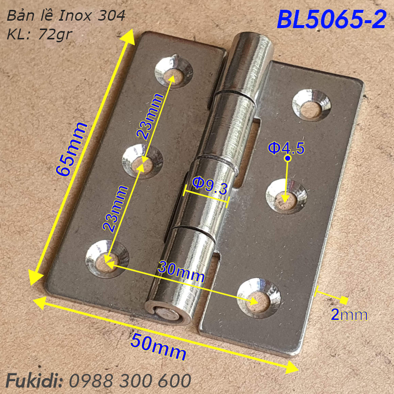 Bản lề lá inox 304, KT 50x65 dày 2mm - BL5065-2