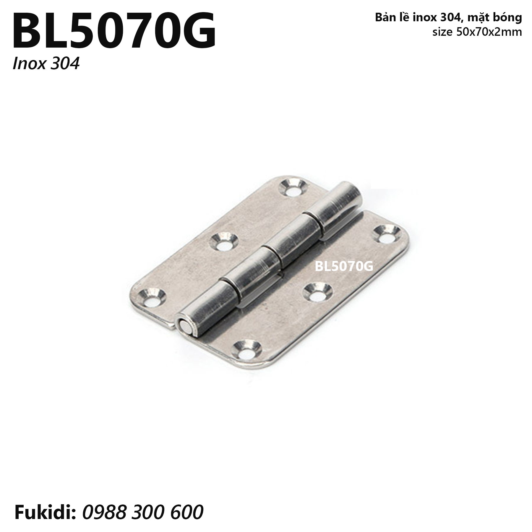 Bản lề inox 304, size 50x70mm, dày 2mm, mặt bóng - BL5070G