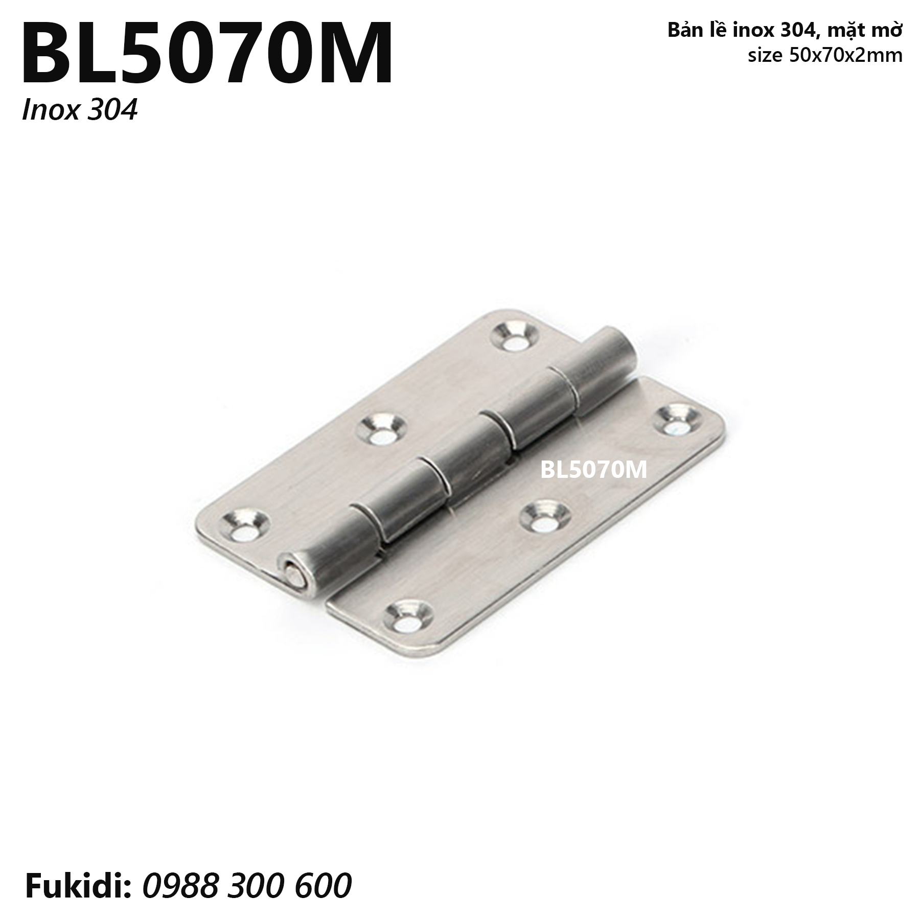 Bản lề inox 304, size 50x70mm, dày 2mm, mặt mờ - BL5070M