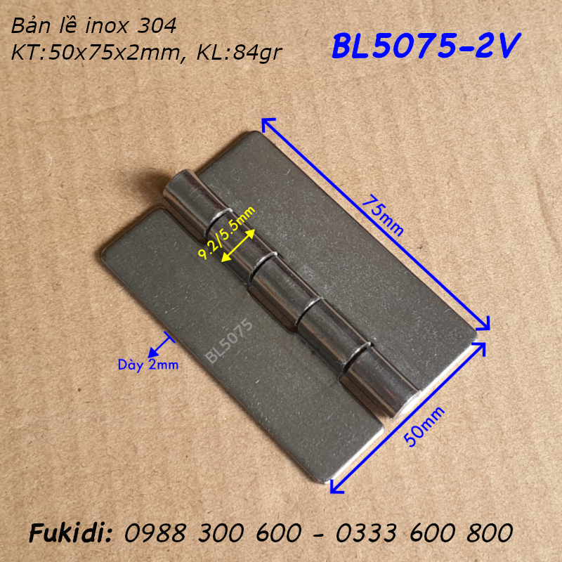 Bản lề SU-304 KT 50x75mm dày 2mm, không lỗ vít - BL5075-2V