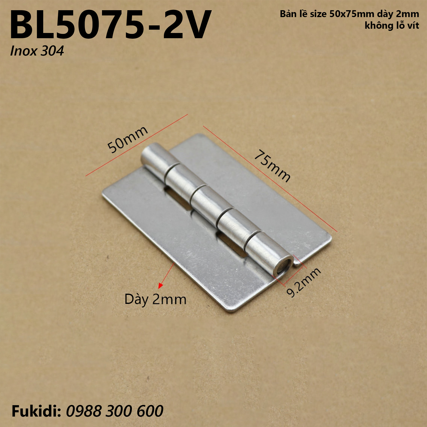 Bản lề SU-304 KT 50x75mm dày 2mm, không lỗ vít - BL5075-2V