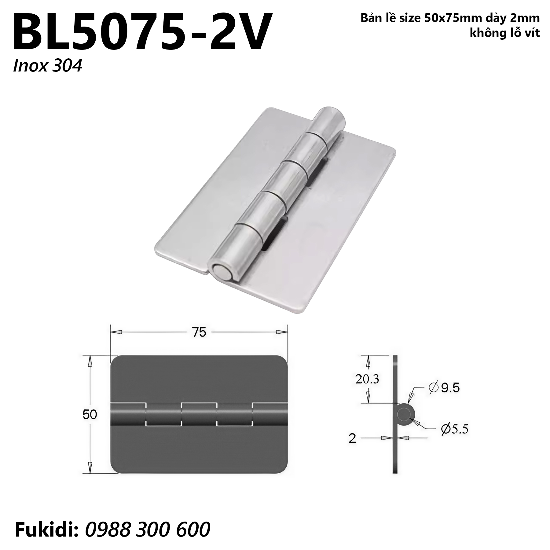 Bản lề SU-304 KT 50x75mm dày 2mm, không lỗ vít - BL5075-2V