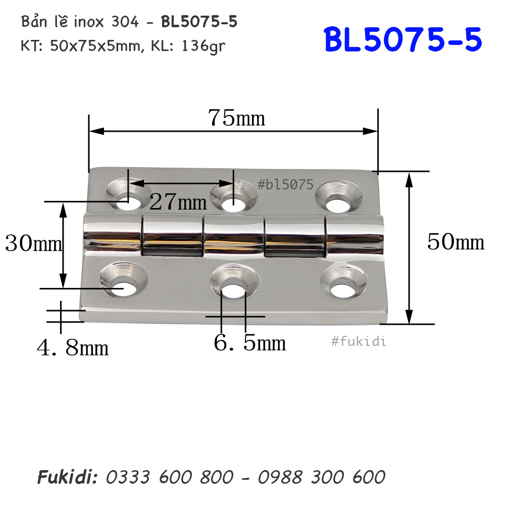 Chi tiết kích thước của bản lề BL5075-5
