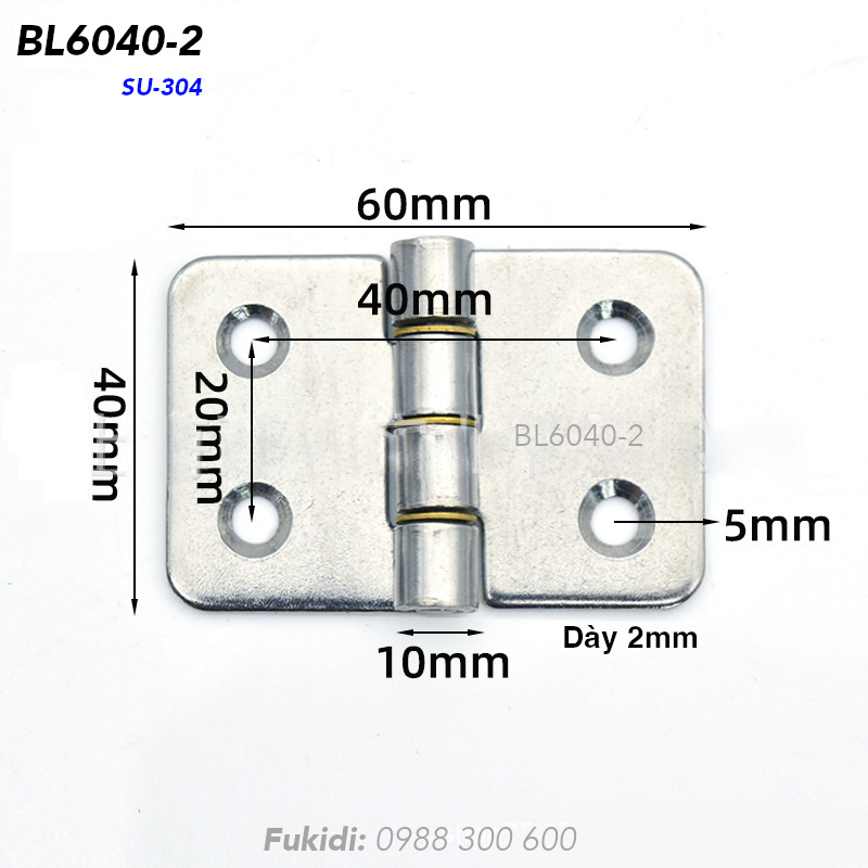 Bản lề lá inox 304 KT 60x40, dày 2mm - BL6040-2