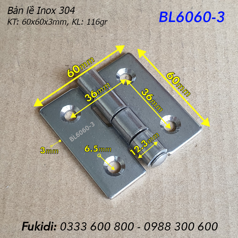 Bản lề inox 304 KT 60x60, dày 3mm - BL6060-3