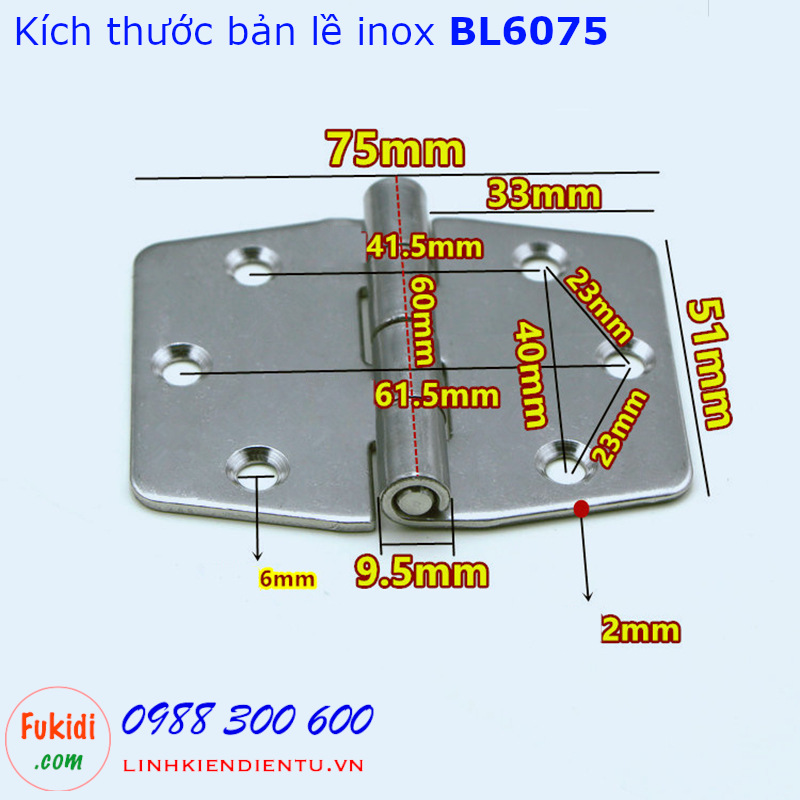 Bản lề tủ điện inox 304 kích thước 60x75mm, dày 2mm, model: BL6075.2