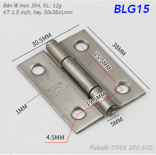 Bản lề lá inox 304 KT 30x38, dày 1mm - BLG15