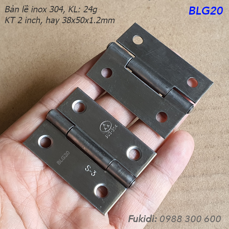 Bản lề lá inox 304 KT 37x50, dày 1.2mm - BLG20